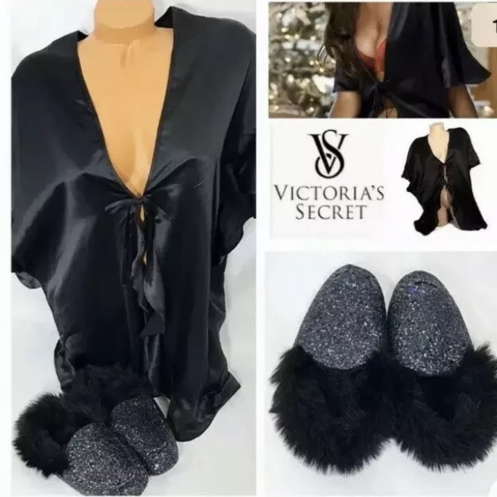 Victoria Secret Black Robe W/Glitter Slippers NWT